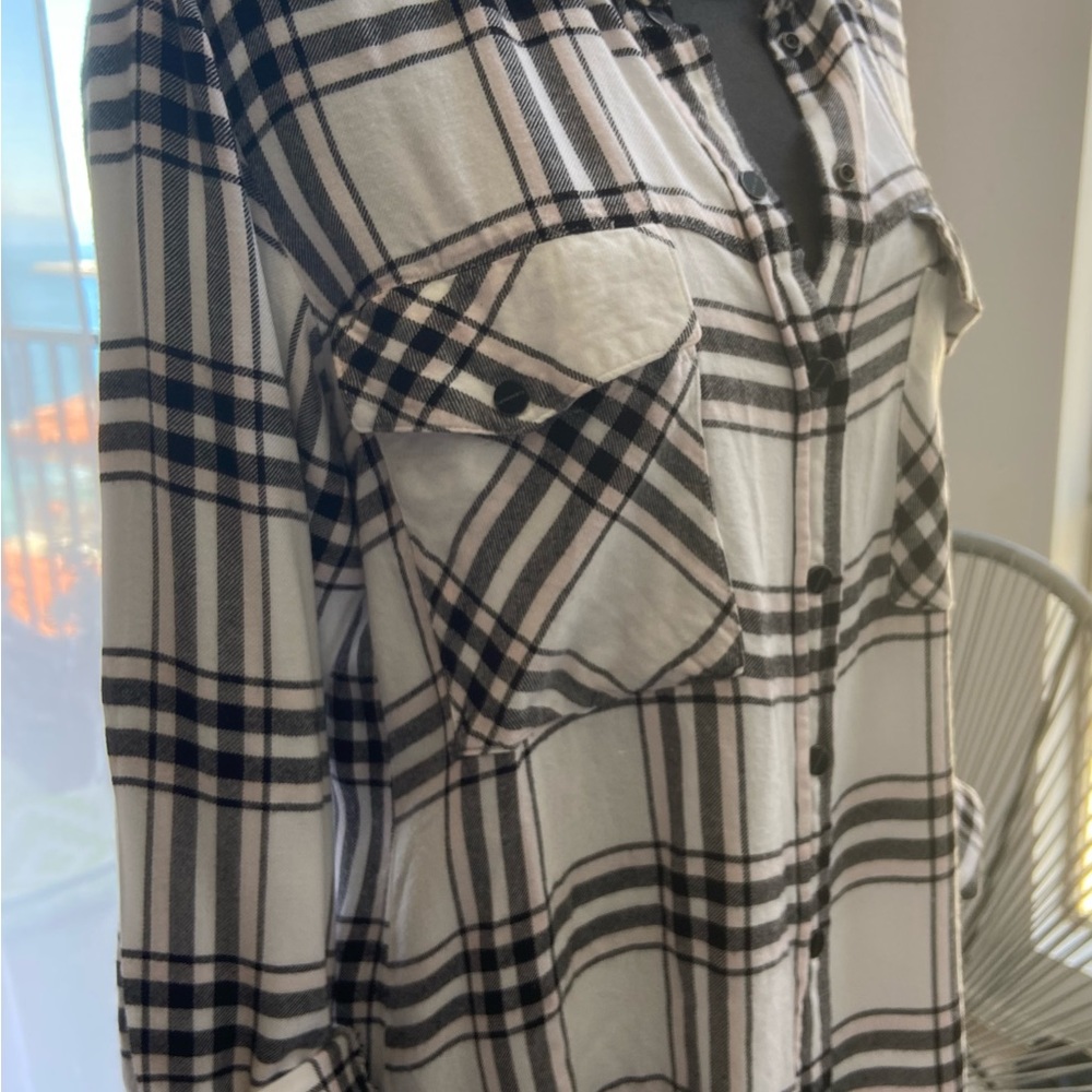 Sanctuary Boyfriend Shirt, Snap-front Pink and Black Plaid on White, Medium - Picture 3 of 7